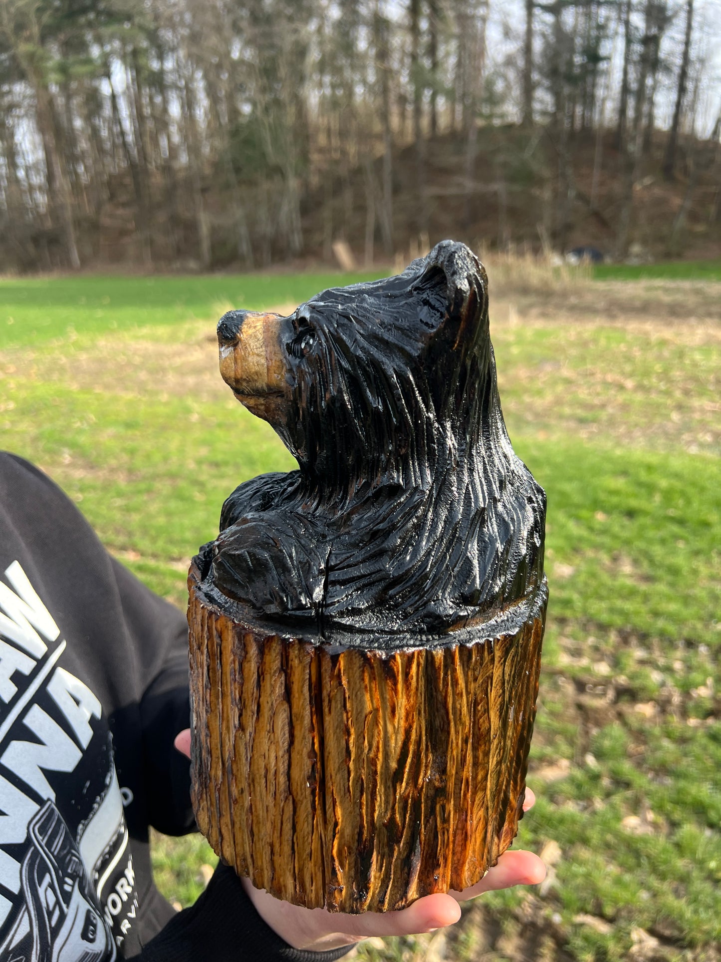 Hand-Carved Bear in Stump Sculpture