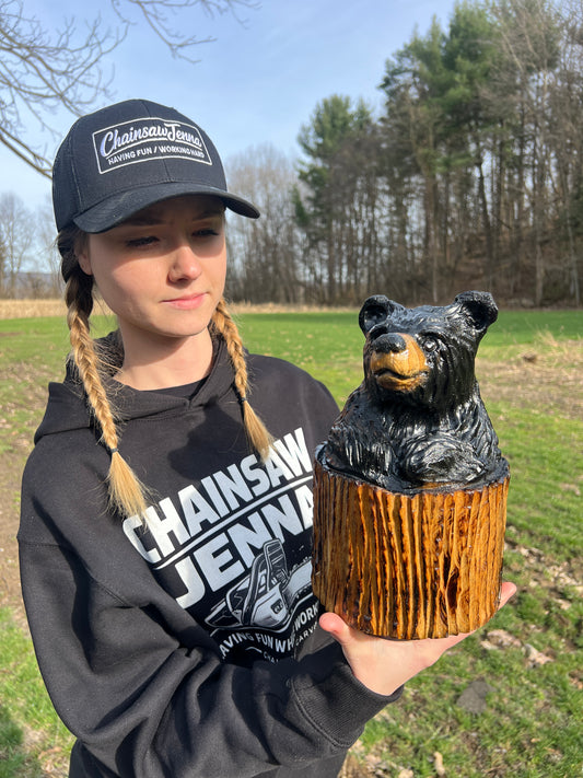 Hand-Carved Bear in Stump Sculpture