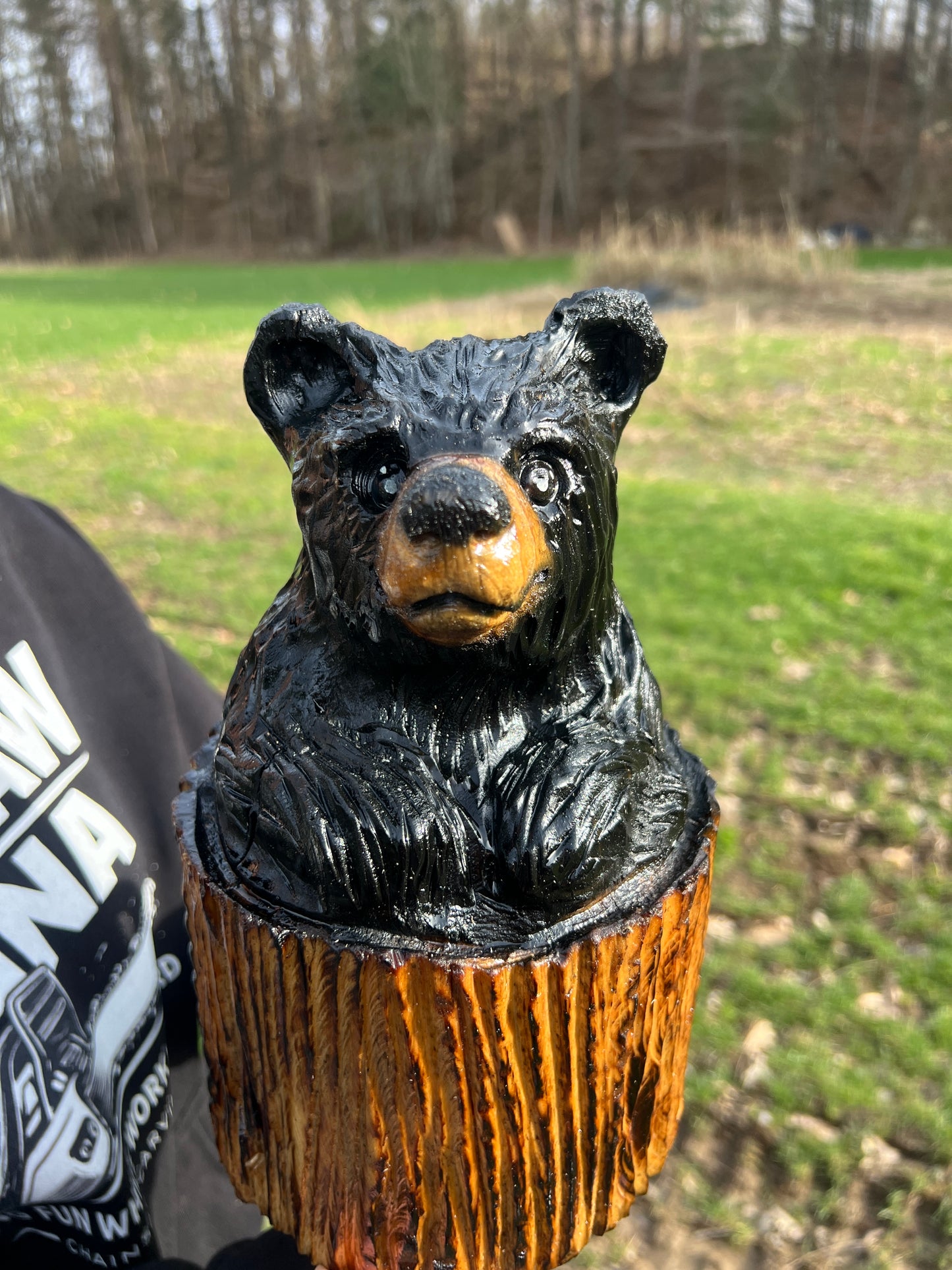 Hand-Carved Bear in Stump Sculpture