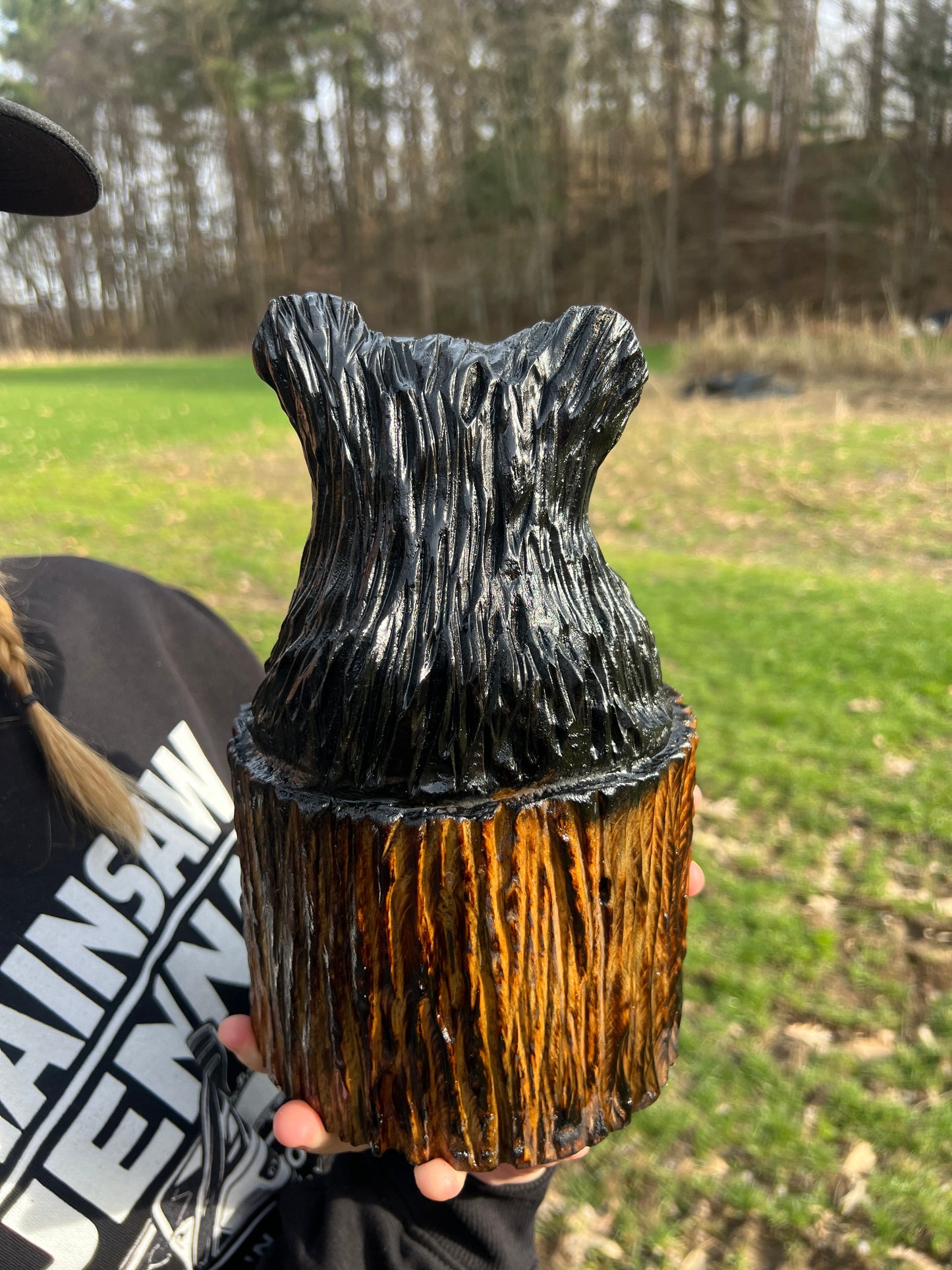 Hand-Carved Bear in Stump Sculpture