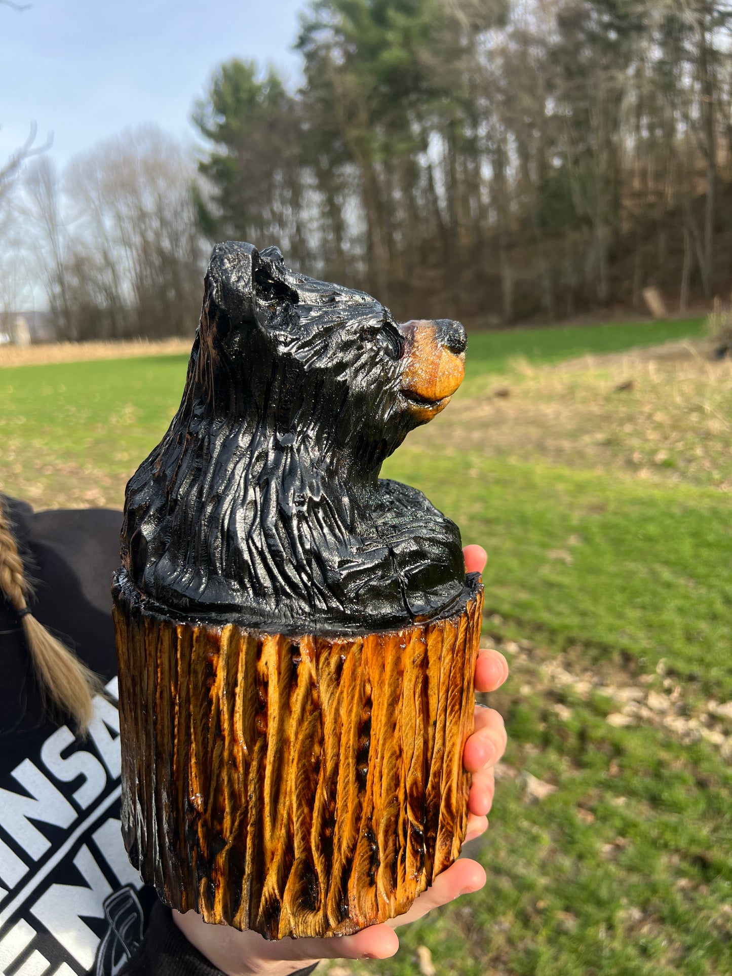 Hand-Carved Bear in Stump Sculpture