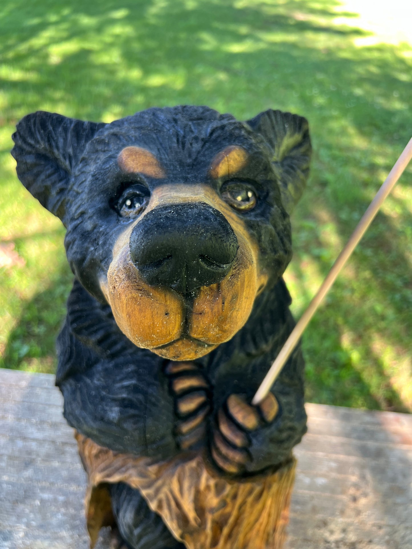 Hand-Carved Black Bear Cub on Stump with American Flag