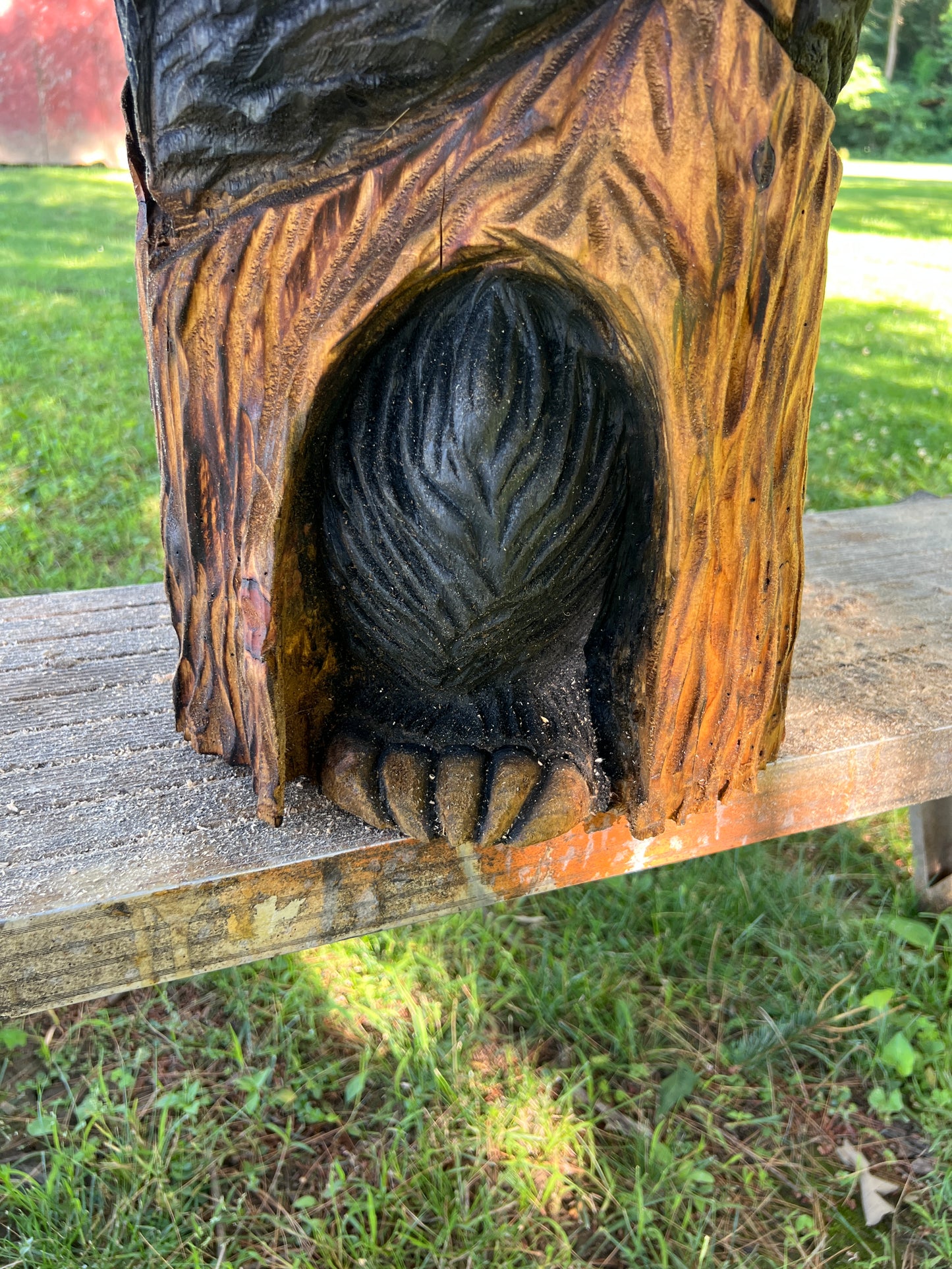 Hand-Carved Black Bear Cub on Stump with American Flag