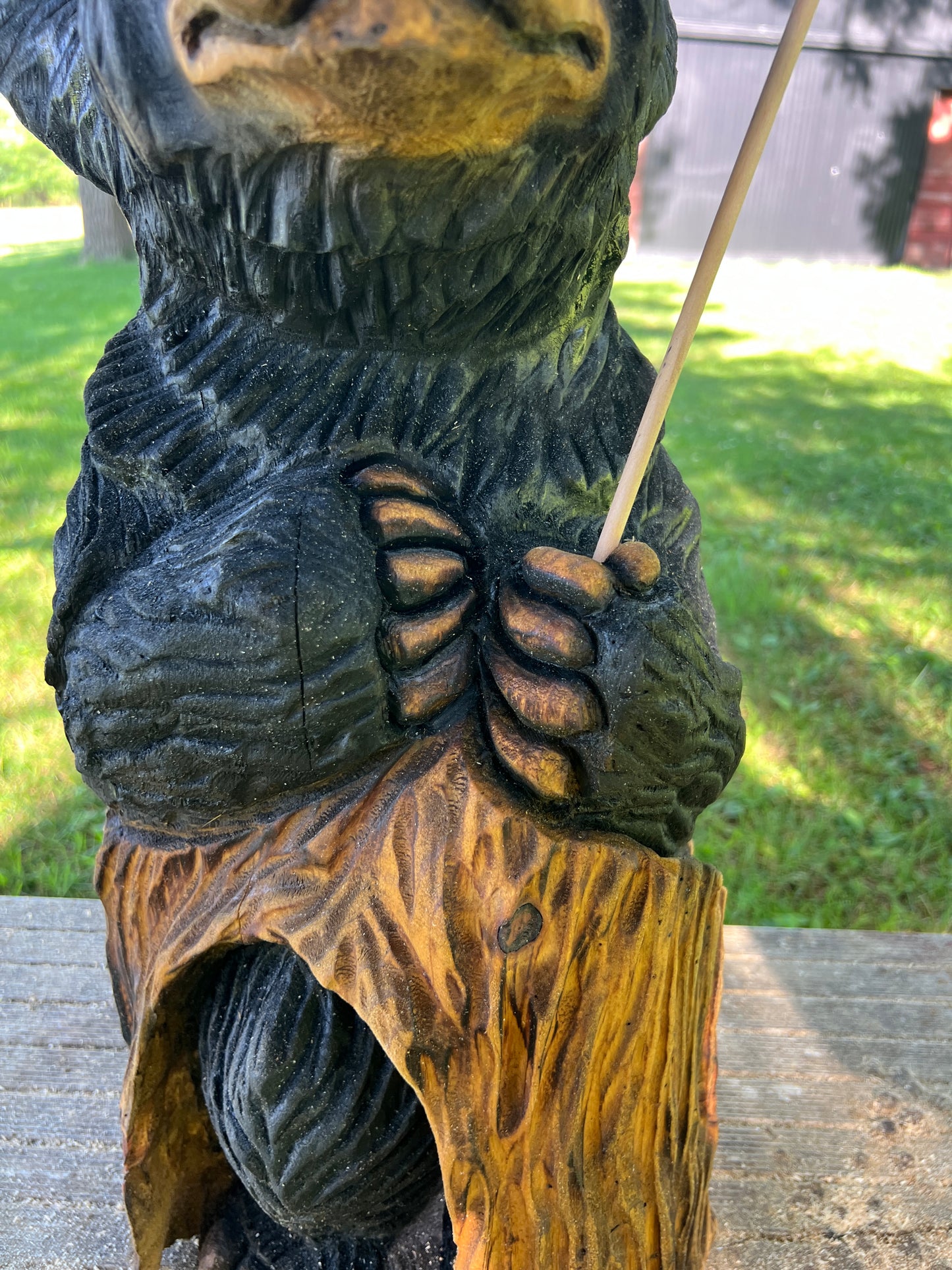 Hand-Carved Black Bear Cub on Stump with American Flag