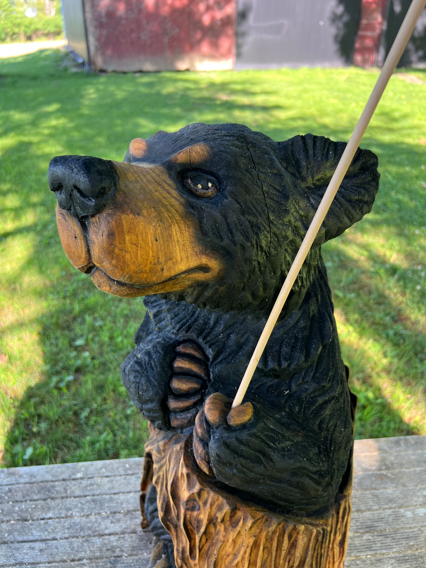 Hand-Carved Black Bear Cub on Stump with American Flag