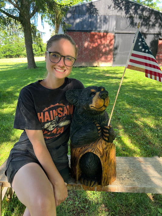 Hand-Carved Black Bear Cub on Stump with American Flag